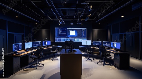 A spacious simulation studio with multiple workstations, each focusing on different aspects of a 3D product displayed on a central podium. photo