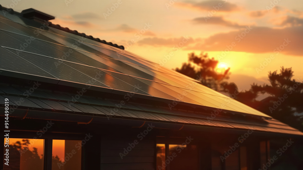 Obraz premium Solar panels on the roof of a private house. Solar panels against the sunset sky. Renewable energy source. Light back