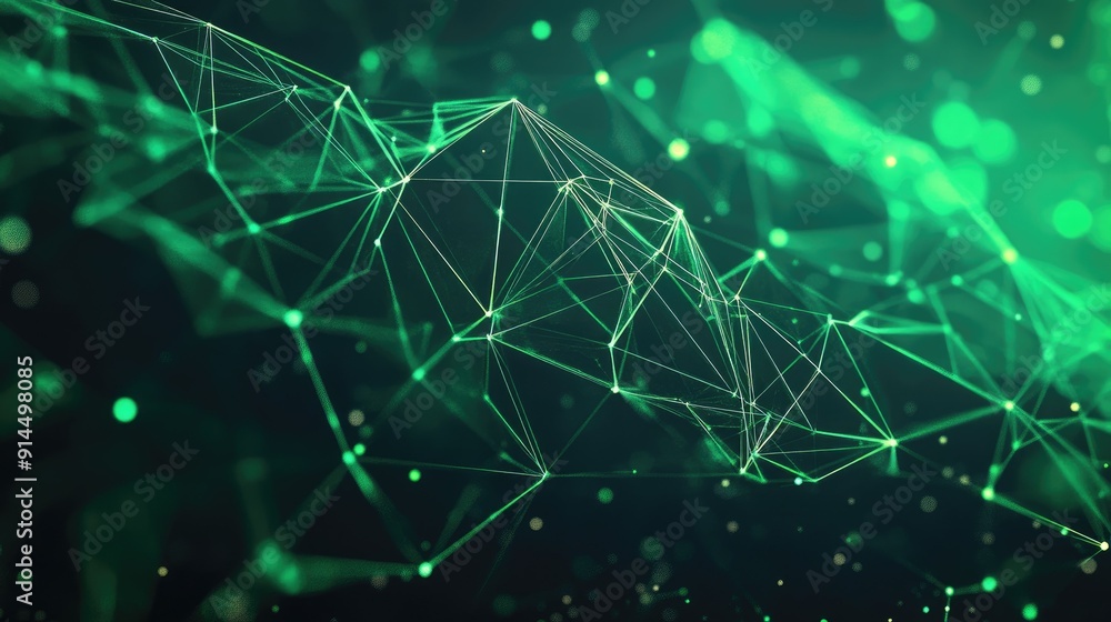 Fototapeta premium Bright green abstract geometric design with triangular cells and polygons, set against a dark background for a modern digital illustration
