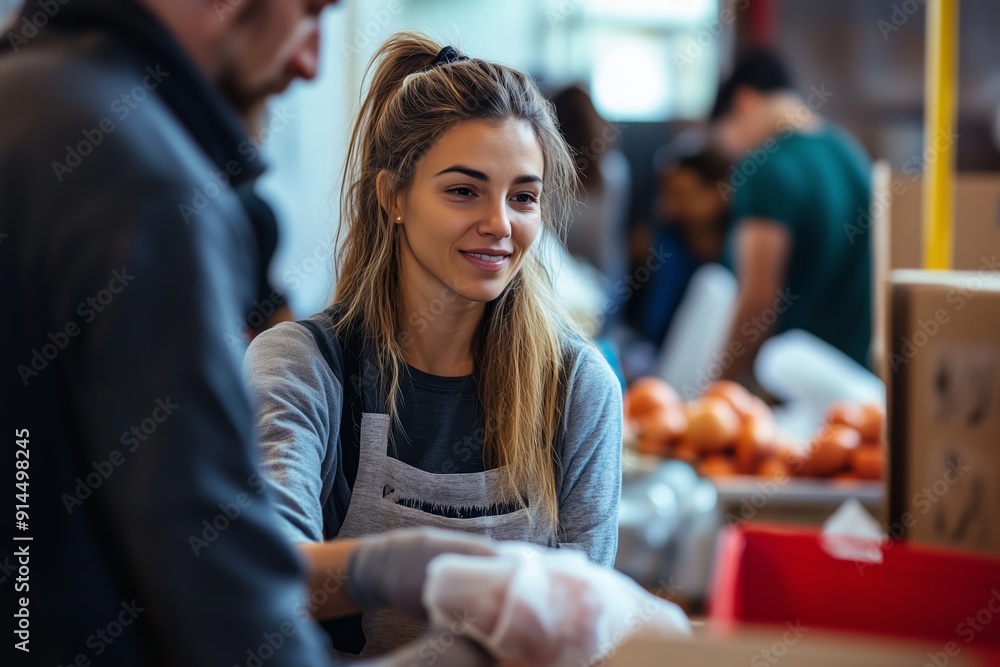 Young Woman Engaged in Community Food Distribution at Local Charity Event in Afternoon Light Young Woman Engaged in Community Food Distribution at Local Charity Event in Afternoon Light