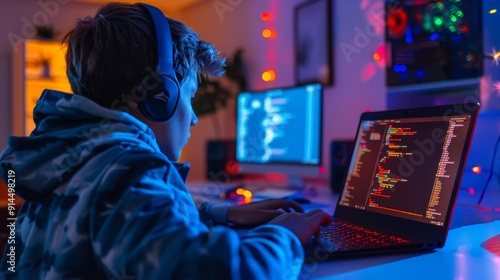 Teenager coding on a laptop in a home office ambient. AI Generated photo