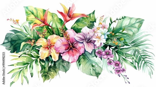 Watercolor of tropical spring floral green leaves and flowers, isolated on white background. AI Generated