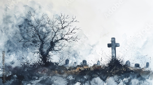Dark watercolor painting of an old cemetery with tombstones and a cross under a stormy sky Scary cemetery painting Halloween background Gothic art Spooky graveyard illustration Gloomy and atmospheric
