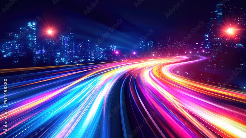 Colorful light trails with long time exposure and motion blur effect, illustrated in a vivid vector design for a captivating modern look. Colorful light trails with long time exposure and motion blur effect, illustrated in a vivid vector design for a captivating modern look.