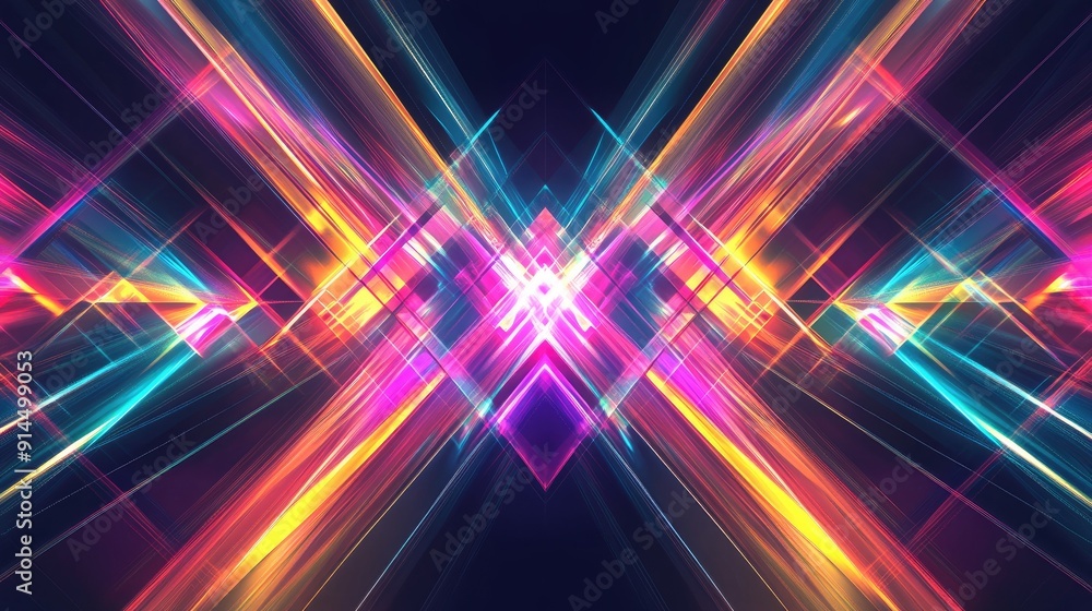 Dark abstract backdrop with glowing neon lines and geometric patterns, featuring multi-color rays and symmetrical 3D reflections for a captivating design. Dark abstract backdrop with glowing neon lines and geometric patterns, featuring multi-color rays and symmetrical 3D reflections for a captivating design.