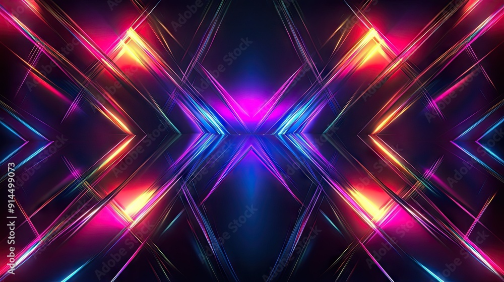 Dark abstract backdrop with glowing neon lines and geometric patterns, featuring multi-color rays and symmetrical 3D reflections for a captivating design. Dark abstract backdrop with glowing neon lines and geometric patterns, featuring multi-color rays and symmetrical 3D reflections for a captivating design.