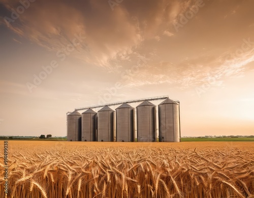 Grain elevator and agricultural storage. Containers silos storing agriculture crop in countryside.