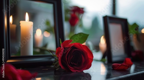 Candlelit black photo frame and red rose in funeral home
