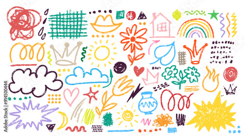 Big collection of hand drawn charcoal doodle shapes, symbols, squiggles in childish girly style. Template pencil colorful drawings. Vector flower, heart, grid doodle, crown, stars, collage elements.