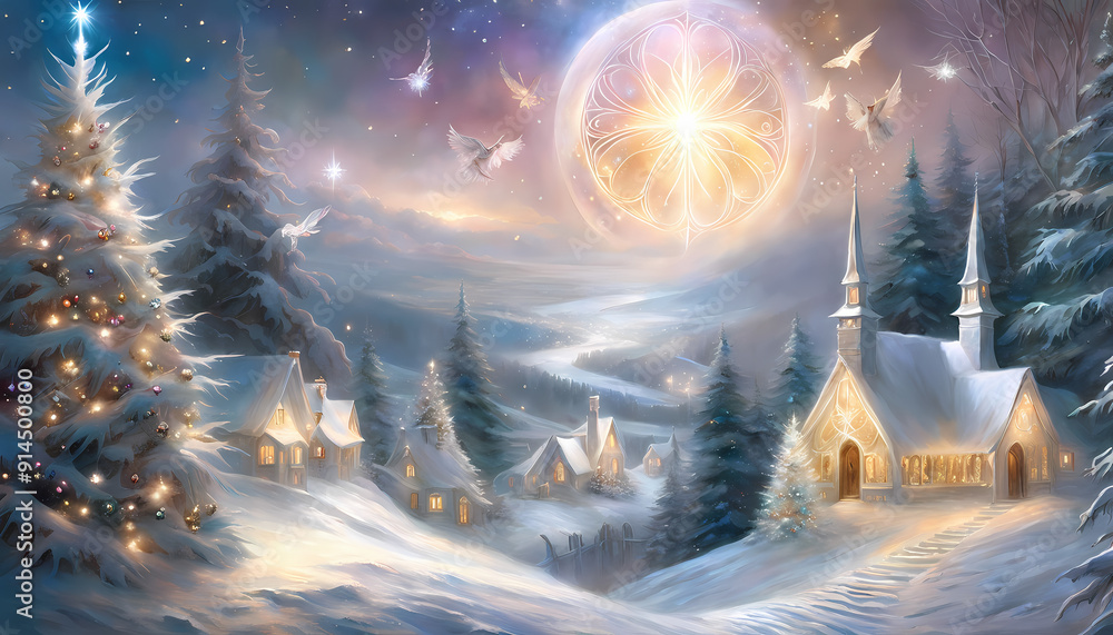 A fantasy landscape with a decorated Christmas tree in a snowy setting, with planets and celestial lights in the sky A fantasy landscape with a decorated Christmas tree in a snowy setting, with planets and celestial lights in the sky
