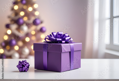 A purple gift box with a purple bow on a white table, with a blurred christmas tree and sofa in the background