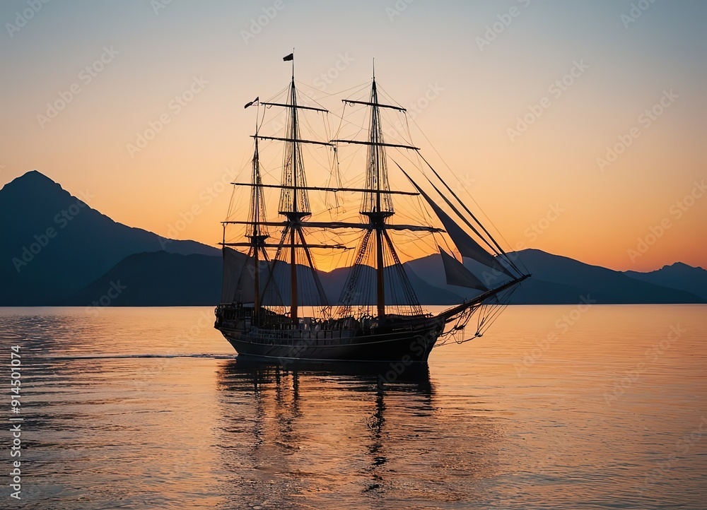 A Majestic Sailing Ship Gliding Gracefully at Sunset Over Tranquil, Reflective Waters A Majestic Sailing Ship Gliding Gracefully at Sunset Over Tranquil, Reflective Waters