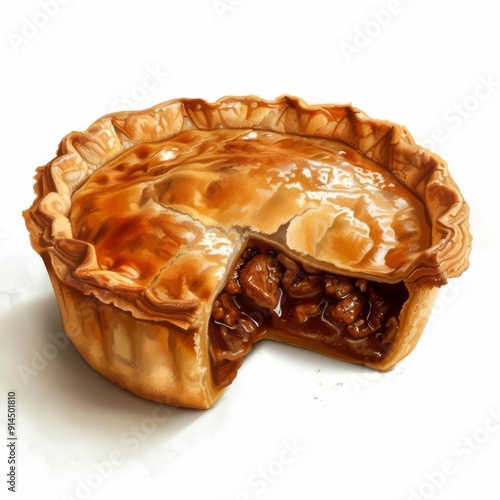 Australian meat pie, flaky crust with filling, digital painting, isolated on white background