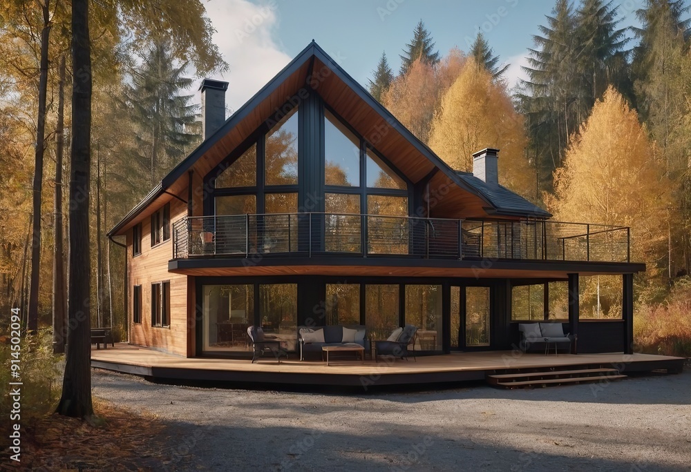 There is a beautiful log cabin nestled in the middle of a forest during autumn There is a beautiful log cabin nestled in the middle of a forest during autumn