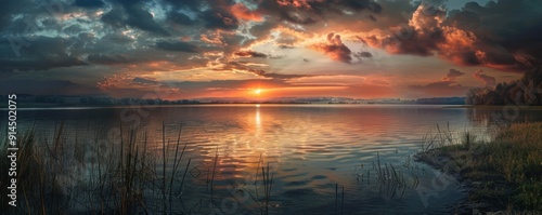 Sunset over a serene lake, 4K hyperrealistic photo