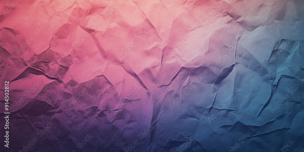 Fototapeta premium Abstract crumpled paper texture with a gradient from pink to blue, creating a unique and colorful background with copy space.