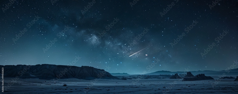 Starry night sky with a shooting star streaking across the desert landscape, 4K hyperrealistic photo Starry night sky with a shooting star streaking across the desert landscape, 4K hyperrealistic photo