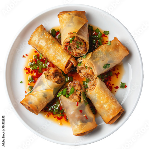 Pork confit eggrolls tender pulled pork filled eggrolls served in a sweet chili basil sauce photo