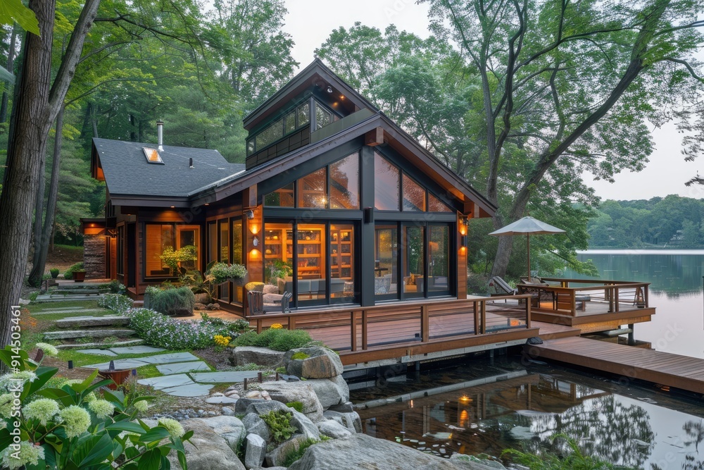 Modern glass house by lake with lush green surroundings. Modern glass house by lake with lush green surroundings.