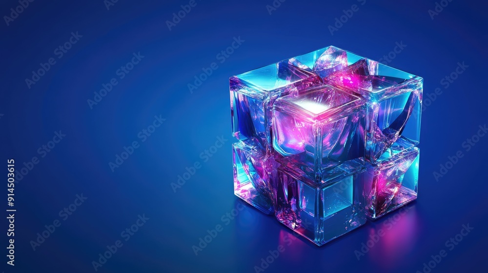 Futuristic 3D vector illustration of a holographic abstract cube with crystal blocks and purple texture, isolated on a blue backdrop. Futuristic 3D vector illustration of a holographic abstract cube with crystal blocks and purple texture, isolated on a blue backdrop.