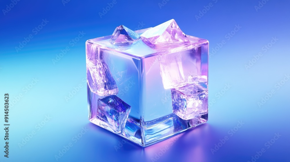 Futuristic 3D vector illustration of a holographic abstract cube with crystal blocks and purple texture, isolated on a blue backdrop. Futuristic 3D vector illustration of a holographic abstract cube with crystal blocks and purple texture, isolated on a blue backdrop.
