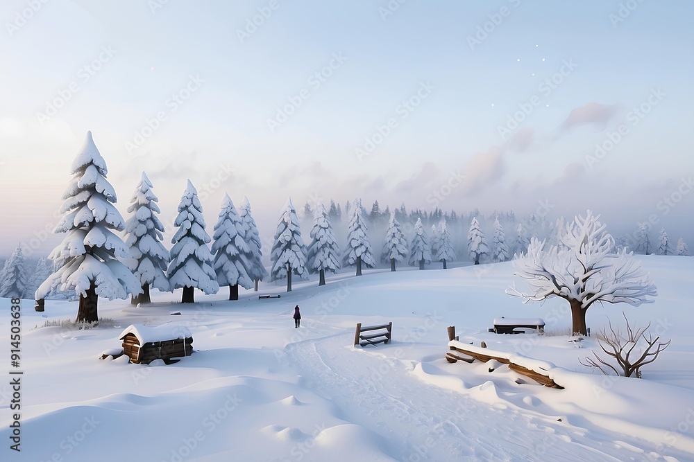 Obraz premium Serene Winter Landscape Featuring Rustic Wooden Fences and Snow-Laden Trees in a Calm Countryside Setting, Capturing the Quiet Beauty of a Snowy Day Under a Grey Sky