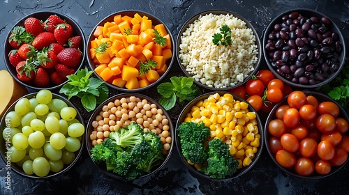 Fototapeta Naklejka Na Ścianę i Meble -  Healthy balanced meal arrangement featuring colorful fruit vegetable whole grain lean protein emphasizing importance of nutrition overall health