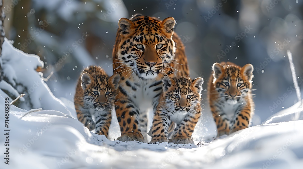 Heartrending scene of family of Amur Leopards Panthera pardus orientalis cautiously traversing through snowy forest their elusive presence serving stark reminder of precarious status of critically Heartrending scene of family of Amur Leopards Panthera pardus orientalis cautiously traversing through snowy forest their elusive presence serving stark reminder of precarious status of critically