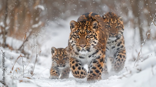 Heartrending scene of family of Amur Leopards Panthera pardus orientalis cautiously traversing through snowy forest their elusive presence serving stark reminder of precarious status of critically photo