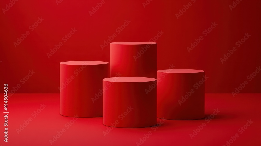 Four red cylindrical podiums on a red background. Minimalist design for product display or presentation. Four red cylindrical podiums on a red background. Minimalist design for product display or presentation.