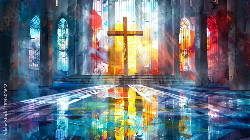 Abstract painting cathedral church cross religion faith stained glass windows spiritual art colorful background artistic design vibrant colors
