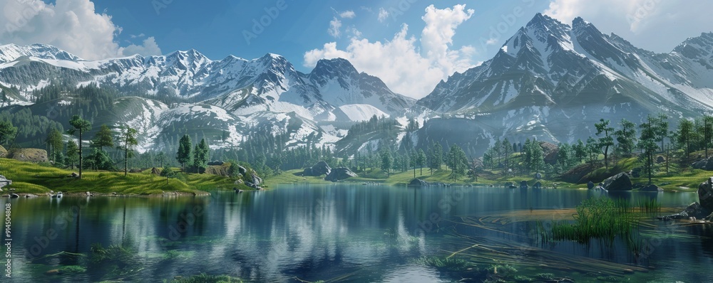 Fototapeta premium Serene mountain landscape with a lake, 4K hyperrealistic photo