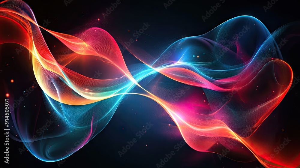 Glowing abstract waves on a dark background, ideal for high-tech and modern design projects. Glowing abstract waves on a dark background, ideal for high-tech and modern design projects.
