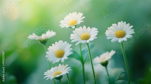 A bunch of white daisies are in a field of green grass