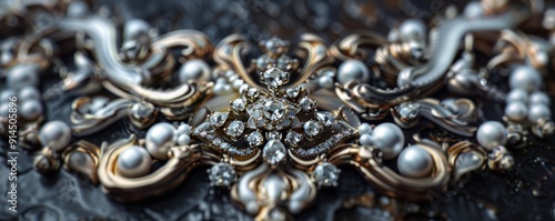 Baroque-inspired diamond pendant with ornate details and pearls, 4K hyperrealistic photo