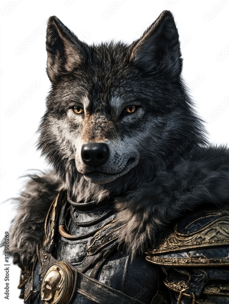 Fototapeta A wolf wears medieval armor, focused on the viewer