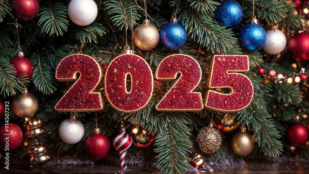 Happy new year 2025 new year banner on the background of a Christmas tree and toys Happy new year 2025 new year banner on the background of a Christmas tree and toys