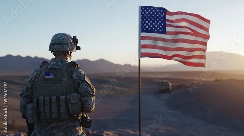 US soldier standing with USA flag on battlefield. AI generative.