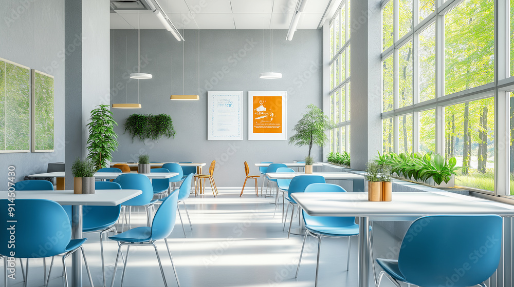 Bright Modern Cafeteria with Blue Chairs and Large Windows Overlooking Greenery Bright Modern Cafeteria with Blue Chairs and Large Windows Overlooking Greenery