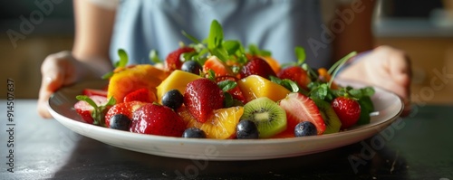 Plate of fresh fruit salad, 4K hyperrealistic photo