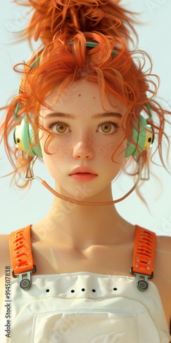 3d render of a young female android with bright red hair in a bun wearing headphones and a white jumpsuit; ai technology and youth; listening tu music in a cyberpunkworld photo