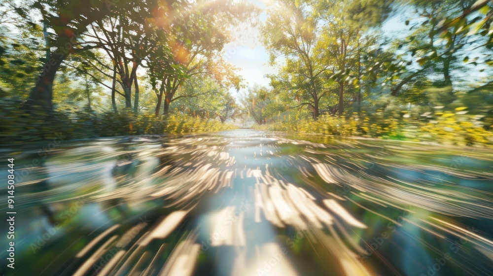 Obraz premium Driving through a sunlit forest road