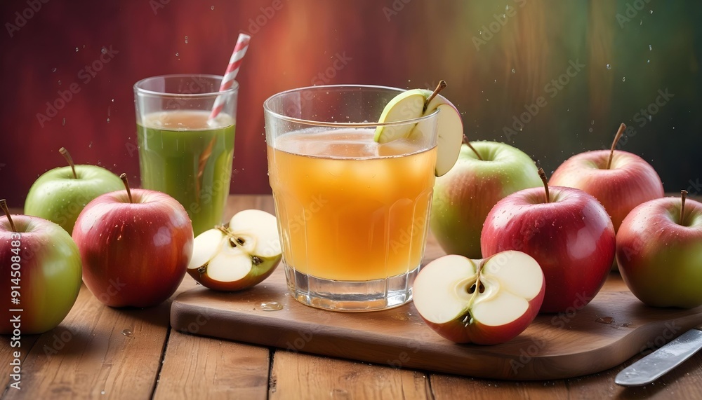 A glass of apple juice or cider with a slice of lemon, surrounded by fresh apples on a wooden table A glass of apple juice or cider with a slice of lemon, surrounded by fresh apples on a wooden table