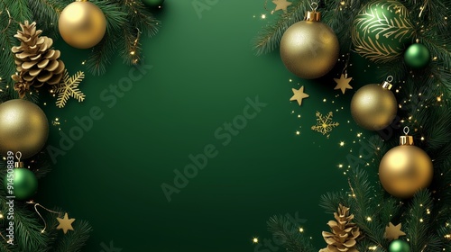 Elegant Green Holiday Background Decorated With Gold and Green Ornaments for Christmas Celebrations