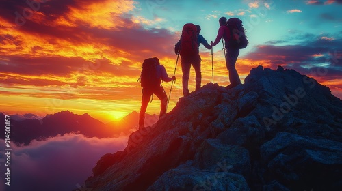 Three people are hiking up a mountain with a beautiful sunset in the background