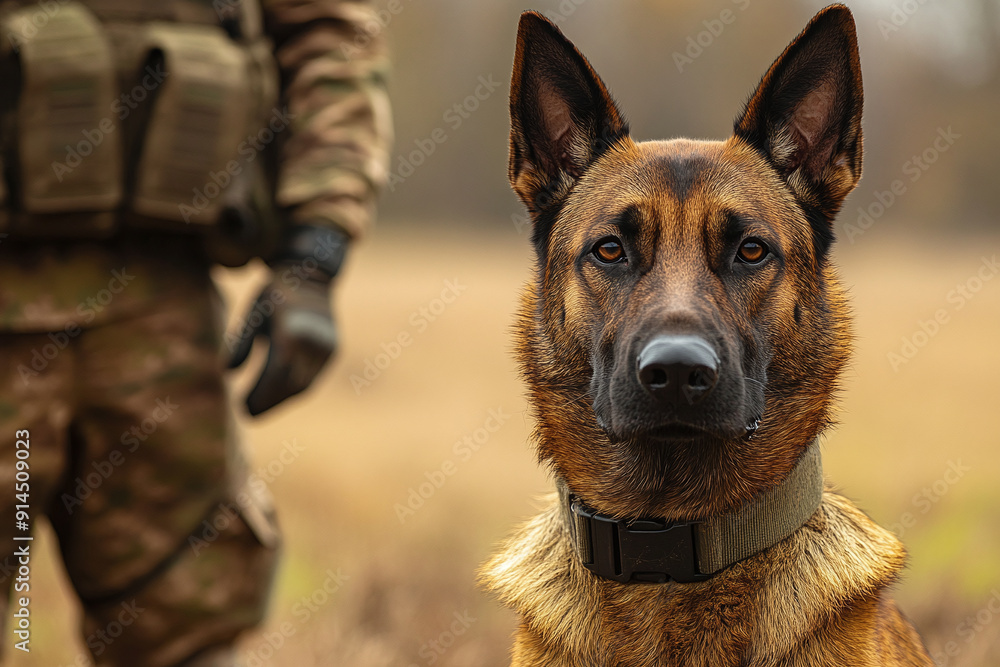 A Belgian Malinois in a training session with a military handler. A Belgian Malinois in a training session with a military handler.