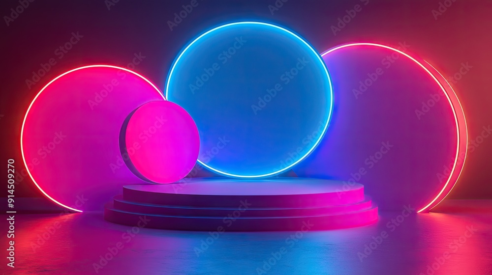 Obraz premium Neon gradient stage with luminous, shiny 3D shapes, showcasing elegant 3D rendering. Ideal for modern art and futuristic design.