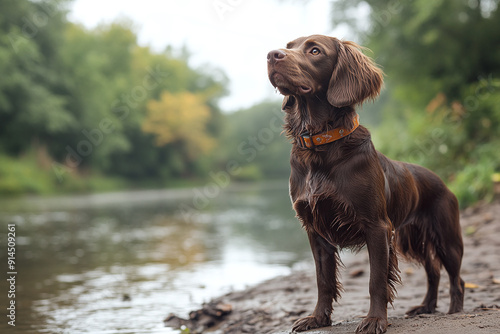 A Boykin Spaniel standing by a riverbank, looking ready to retrieve. photo