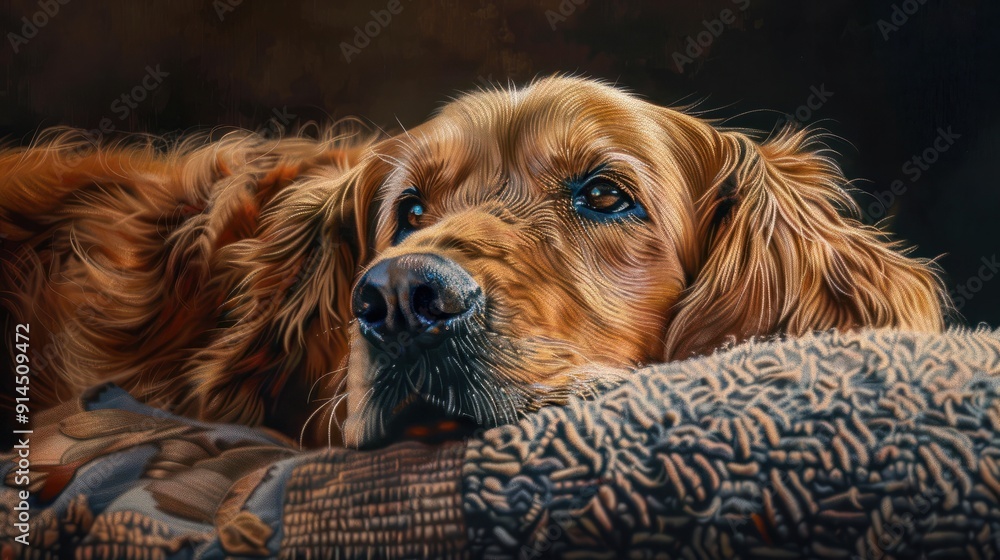 Obraz premium ã´ã¼ã«ãã³ã¬ããªã¼ãã¼ ãçå®çª ã²ã¨ãã¼ã£ã¡ å¾ ã£ã¦ãã Golden Retriever Stay at home, alone, waiting. looking up