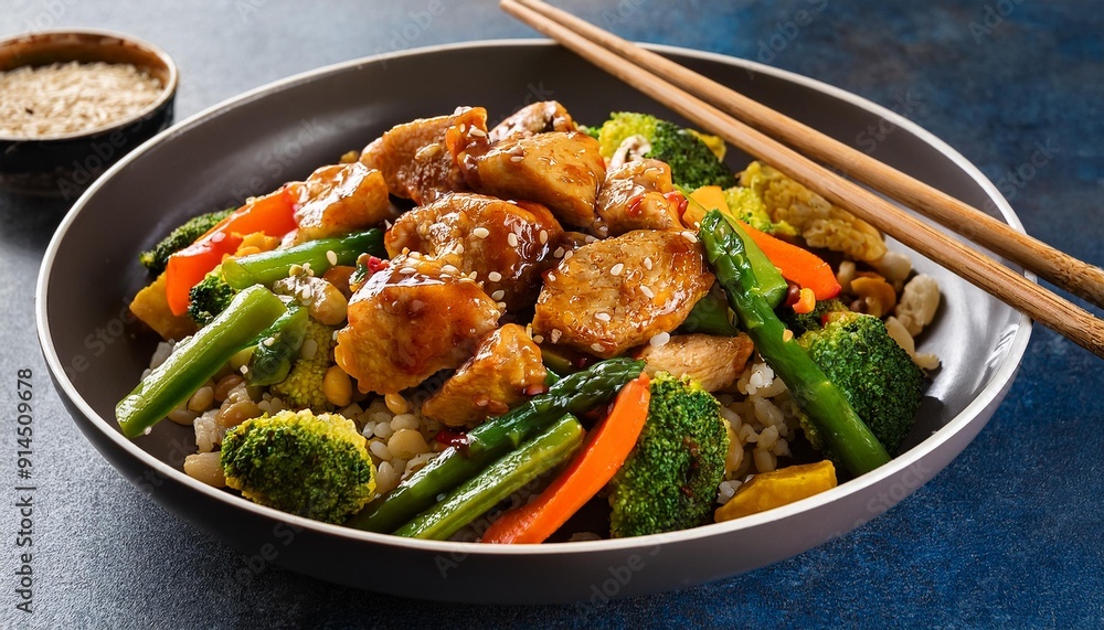 Fototapeta premium Vibrant Stir-Fry: Golden Chicken Thighs in Spicy Sauce with Fresh Vegetables, Garlic, and Sriracha, Served in a Rustic Bowl with Rice